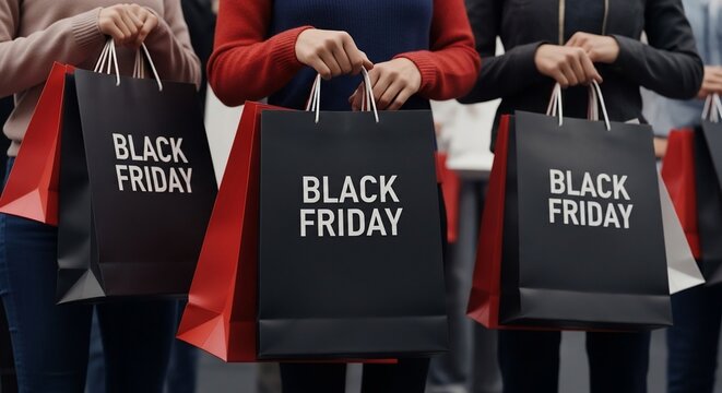 Black Friday Shopping Bags Held by Shoppers.