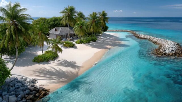 Luxury resort villa on a private tropical island in the Maldives. Featuring thatched roof bungalows. Pristine white sand beach. And clear turquoise ocean water