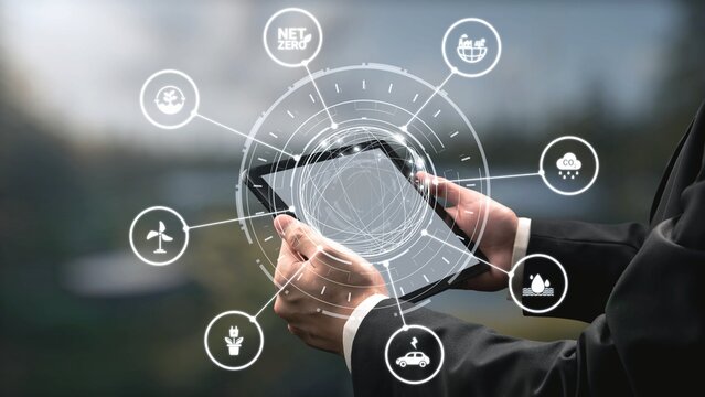 Net zero and sustainability concepts with environmental balance, digital sustainability icons, green energy goals, and eco-conscious digital business transformation for the future. Gist
