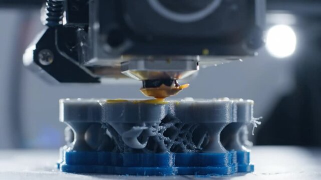 Close-up of a 3D printer nozzle extruding molten plastic to form a grey and blue structural object