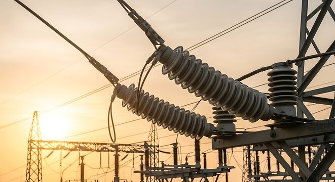 High voltage insulators on a power transmission tower against sunset