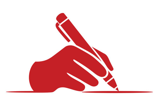 Hand holding a pen writing on a line, simple flat vector icon illustration representing signing a document, taking notes, or creative writing