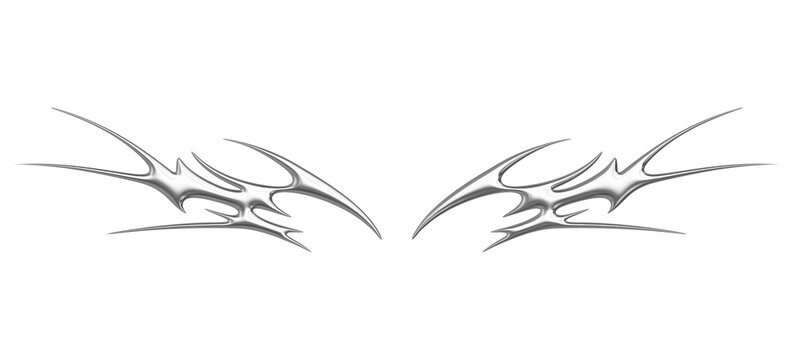 Chrome neo tribal tattoo. Succubus womb sigils and sharp cyber sigilism elements in liquid silver Y2K style