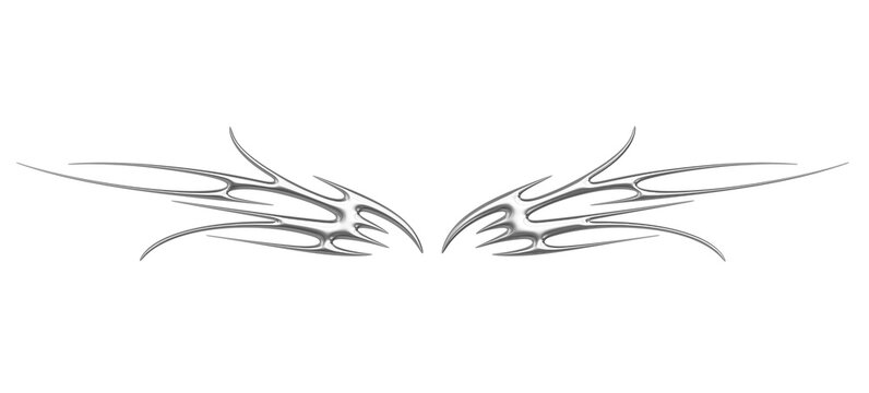 Chrome neo tribal tattoo. Succubus womb sigils and sharp cyber sigilism elements in liquid silver Y2K style