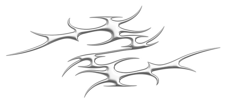 Chrome neo tribal tattoo. Succubus womb sigils and sharp cyber sigilism elements in liquid silver Y2K style