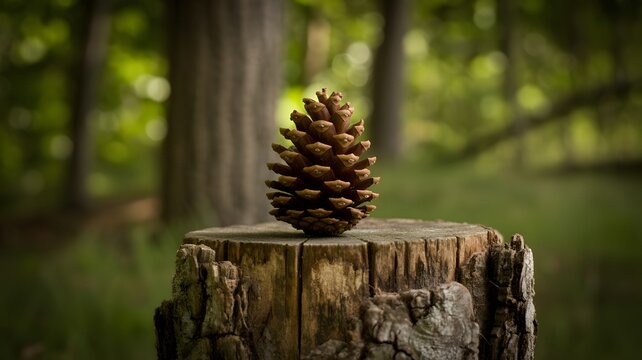 Stacked pine cones on a tree stump in forest