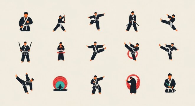 Ninja Martial Arts Poses Cartoon Style Vector Icons