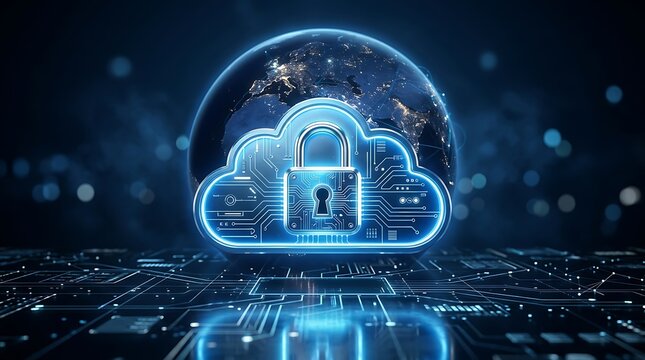High tech illustration of a glowing cloud server with a padlock, representing secure cloud computing and data encryption for tech marketing and cybersecurity campaigns.
