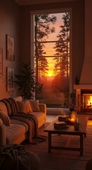 Obraz premium Cozy living room with fireplace and large window view of sunset forest