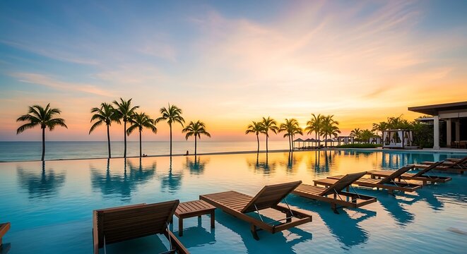 Tropical sunset over infinity pool a luxurious resort paradise