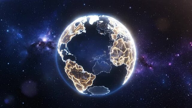 Global earth with glowing cities and continent borders surrounded by a starry cosmic background
