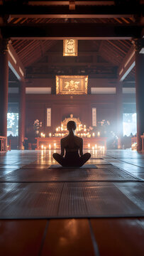 Personne m&eacute;ditant en position de lotus dans un temple bouddhiste traditionnel aux bougies