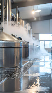 Cuves en acier inoxydable dans une brasserie moderne avec vapeur d'azote