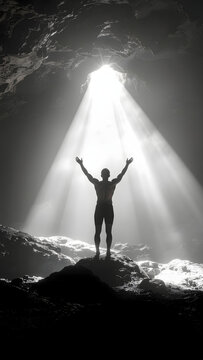 Silhouette d'un homme les bras lev&eacute;s sous un puissant rayon de lumi&egrave;re dans une grotte