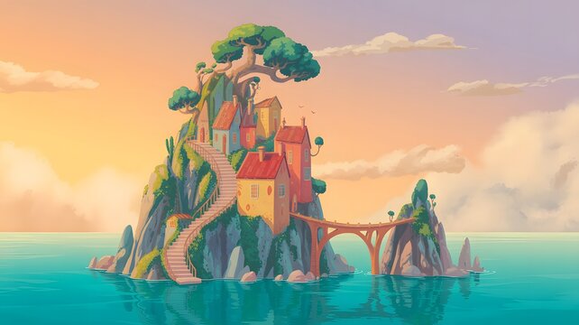 Colorful pixel art playground by the sea at sunset