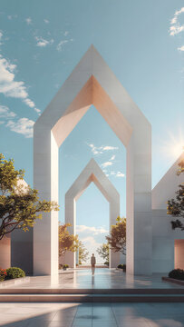 Architecture futuriste avec arches blanches monumentales et silhouettes au soleil