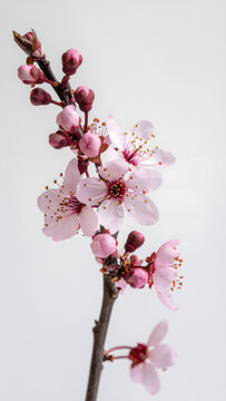 Branche de fleurs de cerisier roses isol&eacute;e sur fond blanc style printanier