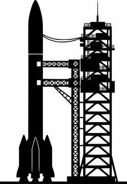 Black silhouette of a rocket on a launchpad with a tower structure isolated on white background
