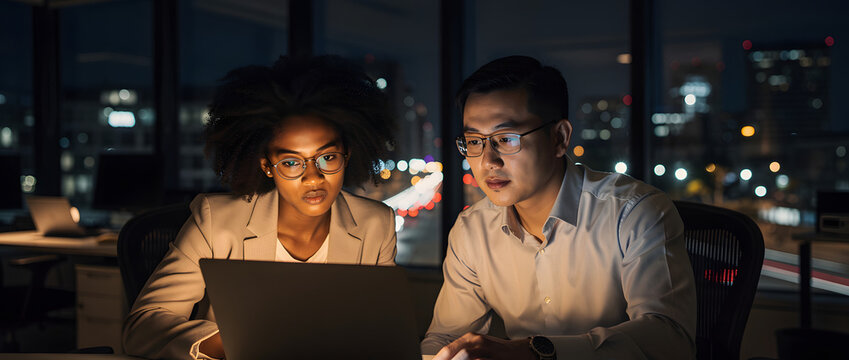 Homme et femme d'affaires travaillant sur un ordinateur portable au bureau la nuit