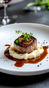 Filet de b&oelig;uf grill&eacute; gourmet servi sur une pur&eacute;e de pommes de terre avec sauce au vin