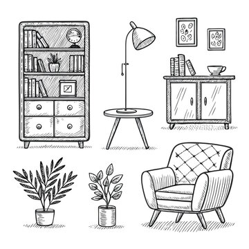 Hand-Drawn Furniture and Home Decor Illustration Set - Rustic Interior Design Elements Vector Icons