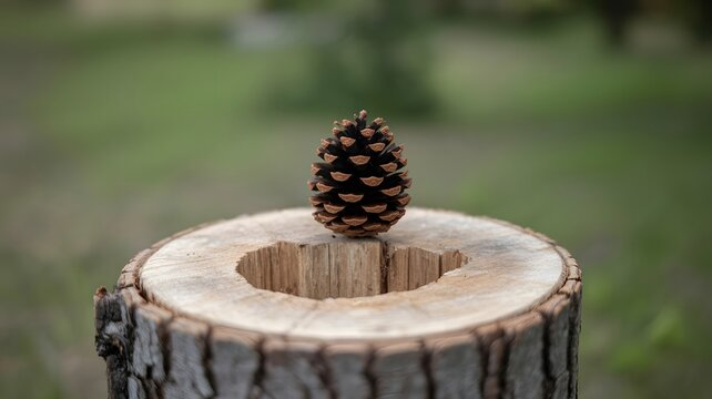 Pine cone balanced on a tree stump in nature