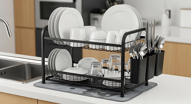 modern two tier black dish drying rack on transparent background high quality