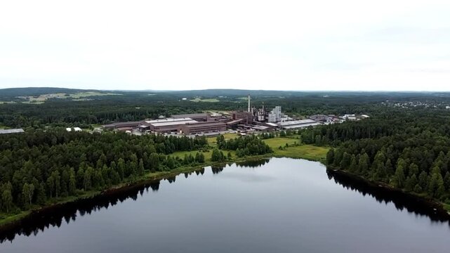 Aerial view of a large industrial factory complex surrounded by lush green forests and a calm lake under an overcast sky