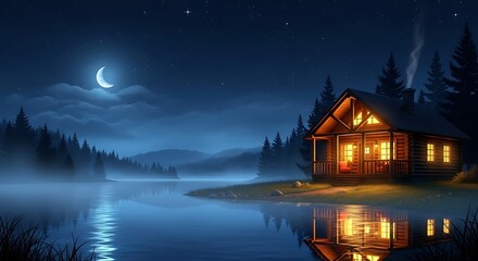 Fototapeta premium Cozy log cabin glows with warm light by a misty lake under a crescent moon