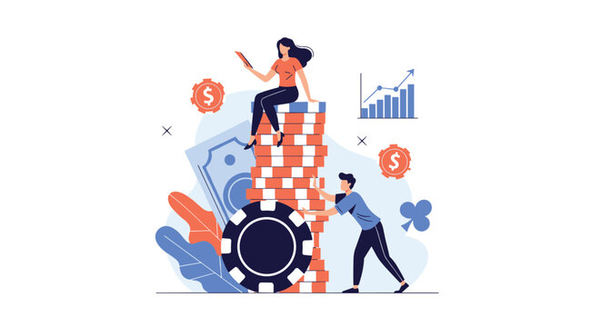 Creative business concept showing people working together to manage a tall stack of gambling poker chips and tokens.