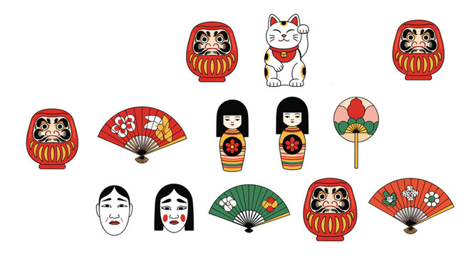 Assorted collection of traditional Japanese cultural items including Daruma dolls, fans, a lucky cat, and masks.