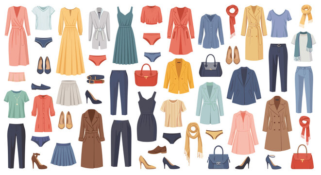 Wide variety of women's apparel and accessories including dresses, coats, shoes, bags, and scarves in many colors.