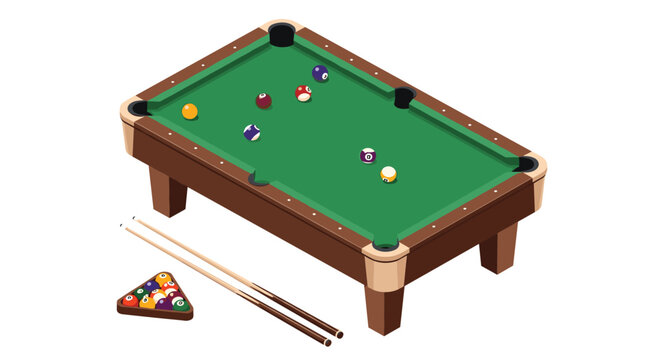Professional pool table featuring billiard balls in various colors and two wooden cues on a white background.