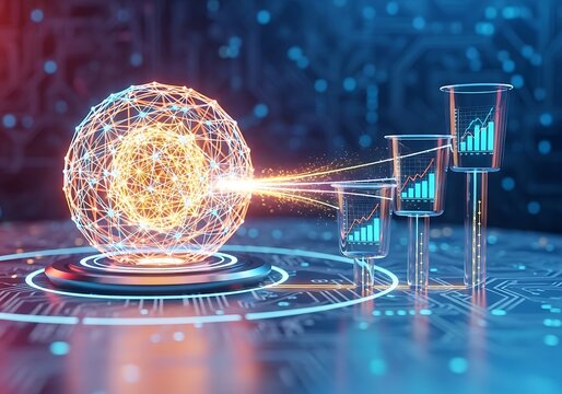 Abstract glowing sphere projecting data streams onto rising statistical graphs in a futuristic technological environment