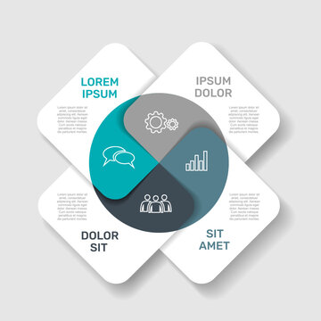 Modern square infographic design with four interlocking segments, business icons, and text placeholders on gray background. Vector illustration.