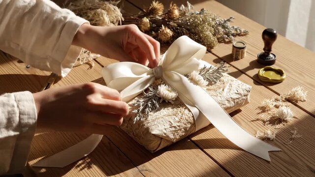 Feminine hands aligning silk ribbon bow on lokta paper Eid gift, scissors, wax stamp, dried flowers on pale oak table, warm afternoon ribbon sheen, intimate finishing moment, subtle hands Eid Ul Adha 