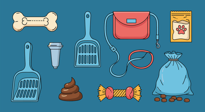 Assorted pet dog supplies including a bone toy food bag poop scoop and walking accessories on a solid blue background.