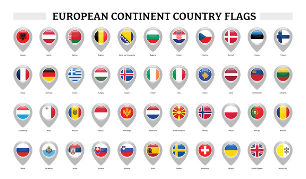 Collection of European continent country flags in location pin icon format isolated background