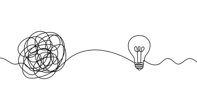 Continuous one line chaos problem scribble simple art icon knot. Chaos problem line complex brain solution tangle messy doodle drawing maze simplify lightbulb understand calm sketch background mess