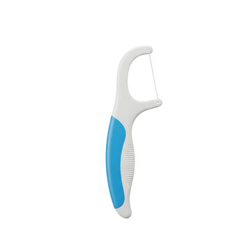 Dental floss pick with blue handle.