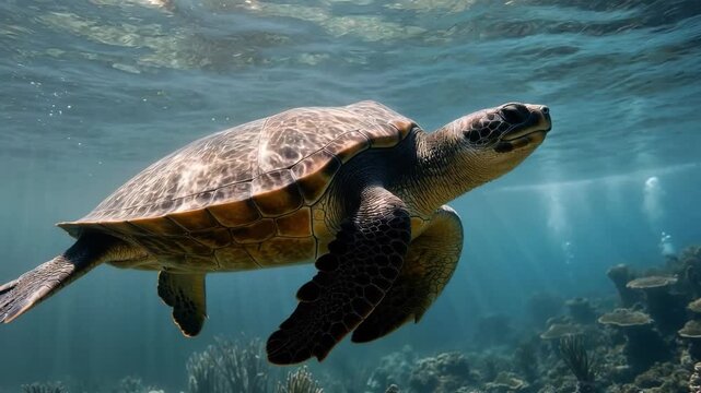 sea turtle swimming underwater in clear blue ocean 4k footage