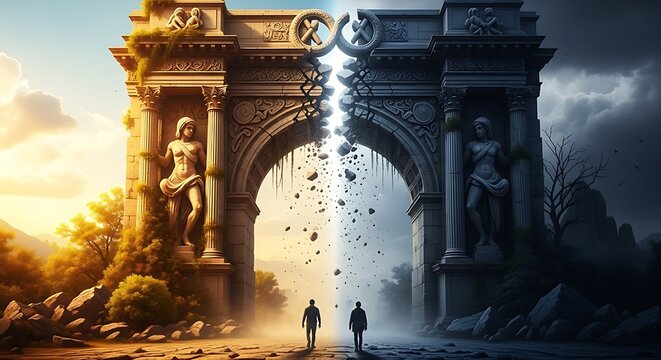 Crumbling ancient archway splits reality, contrasting light and shadow, two figures approach