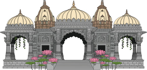 Intricate Hindu Temple Vector Illustration Featuring Traditional Indian Architecture With Domes Arches And Pink Lotus Flowers For Religious Cultural And Spiritual Graphic Design Projects © MstRuna