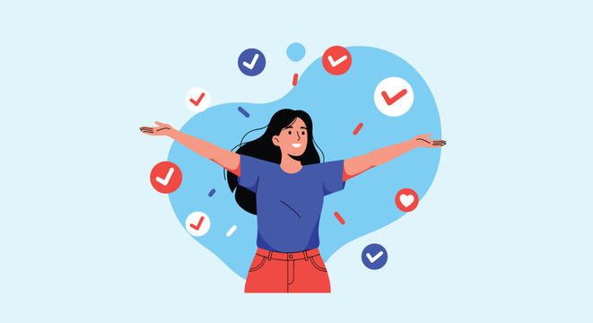 Happy young woman with outstretched arms surrounded by floating check marks and heart icons representing positive feedback.