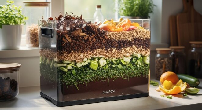 Compost Bin Showing Layers of Composting Process in Transparent Container on Bright Kitchen Countertop Still Life
