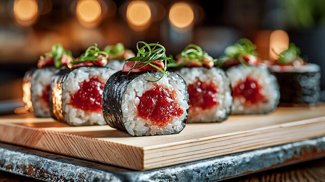 Salted plum umeboshi sushi rolls on a wooden board