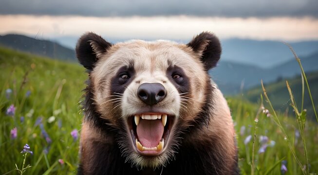 An ash gray wolverine with a goofy grin in a   meadow