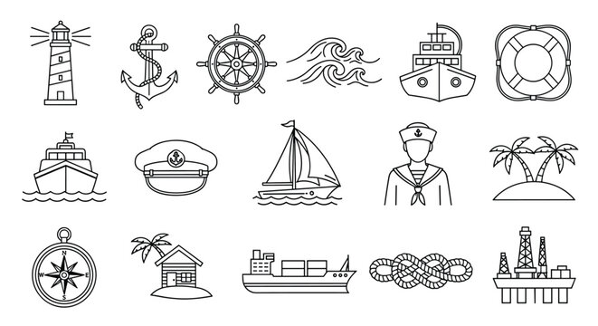 Nautical themed icon set featuring lighthouse, anchor, ship wheel, waves, boats, sailor, lifebuoy, compass, and various maritime elements.