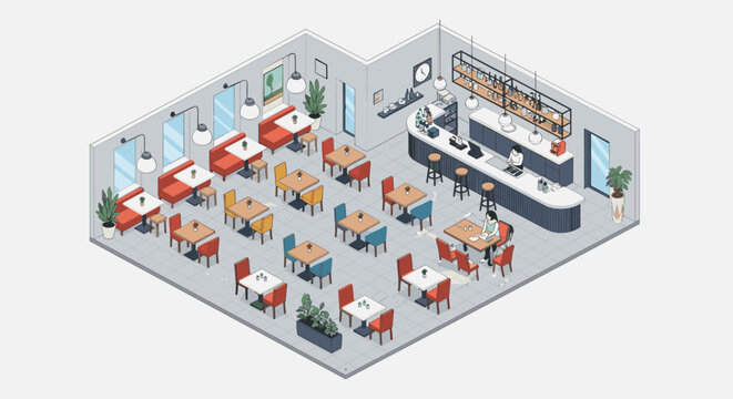 Detailed isometric restaurant interior design with multiple tables, red chairs, a long bar counter, and modern lighting fixtures.