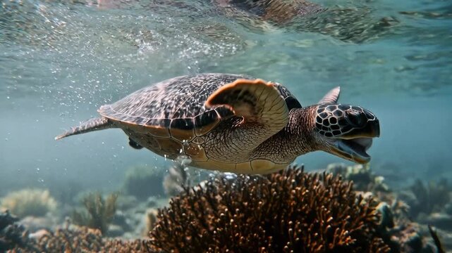 Underwater sea turtle swimming over coral reef in 4k footage